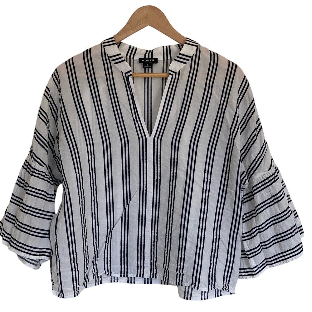 Worth New York Womens Popover Black White Blouse Size Small Bell Sleeve Classic